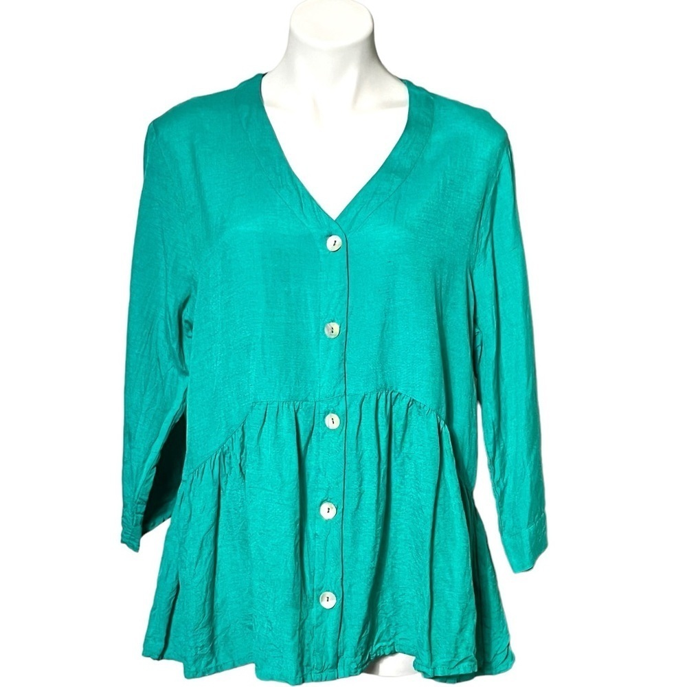 Passports Linen Blend Button Down Blouse Size Large Teal